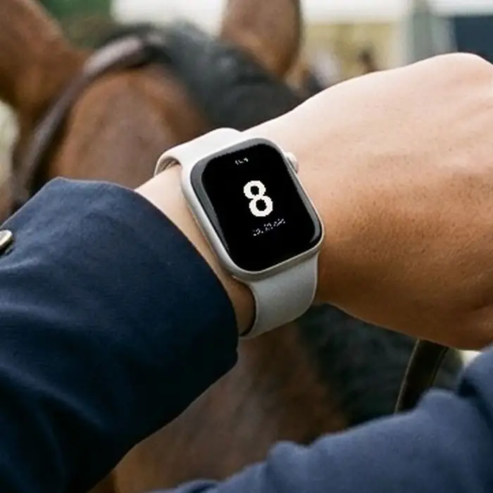 Apple Watch på håndleddet med tallet 8 og ca. 12 min