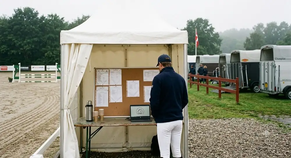 Sekretariatstelt med startlister på en opslagstavle, termokande og laptop. Trailere i baggrunden.